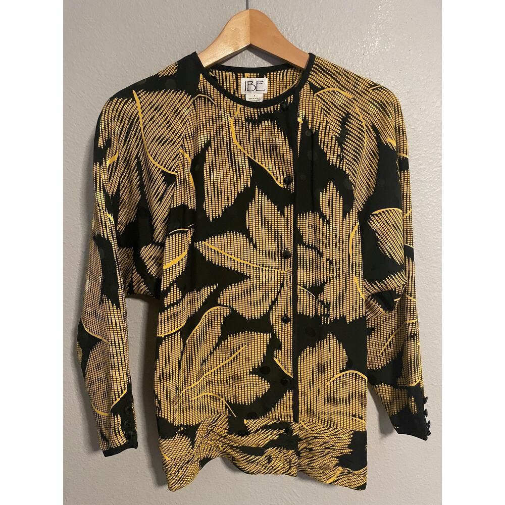 Vintage IBE Blouse Womens 4 Black Yellow Silk Leaf Print Button Up Artsy 90s
